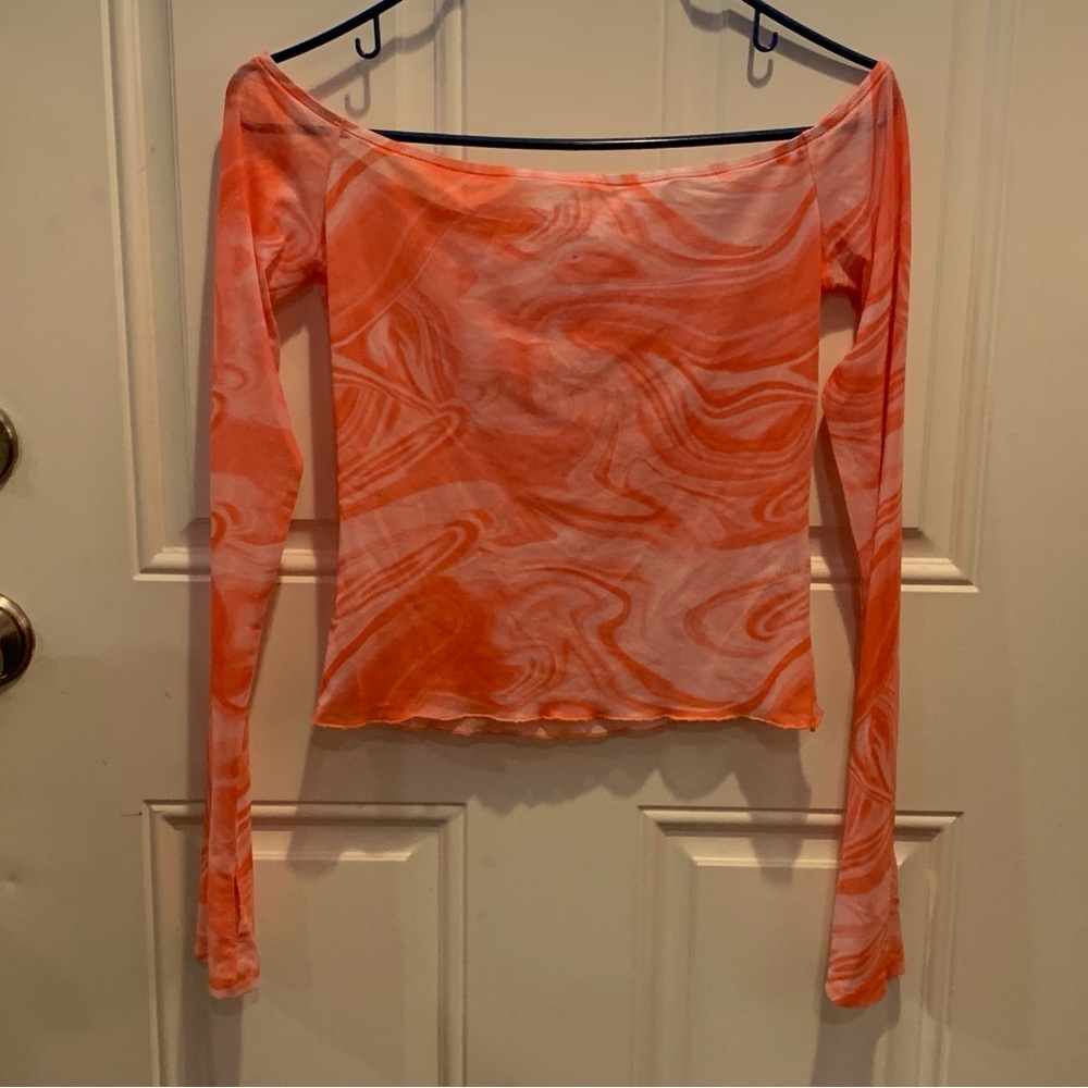 Superdown Revolve Emmie Off Shoulder Top Orange Pink Marble Swirl Semi-Sheer $58 - Picture 5 of 11